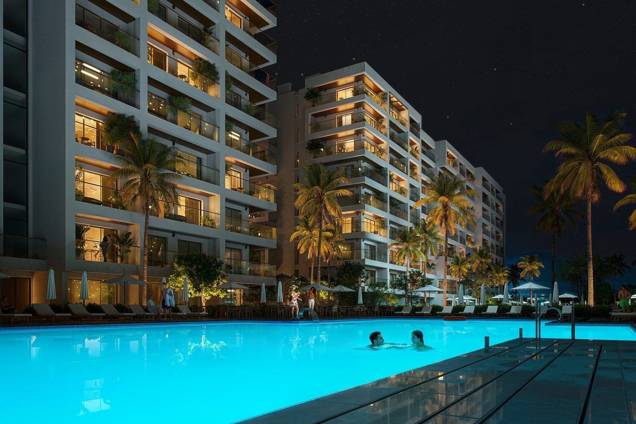 Вечерний вид двора Park Residences с бассейном